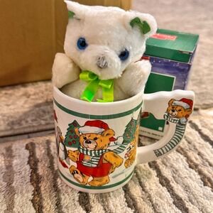 Vintage Santa Bear Mug with Plush Toy Christmas Holiday Collectible 1994